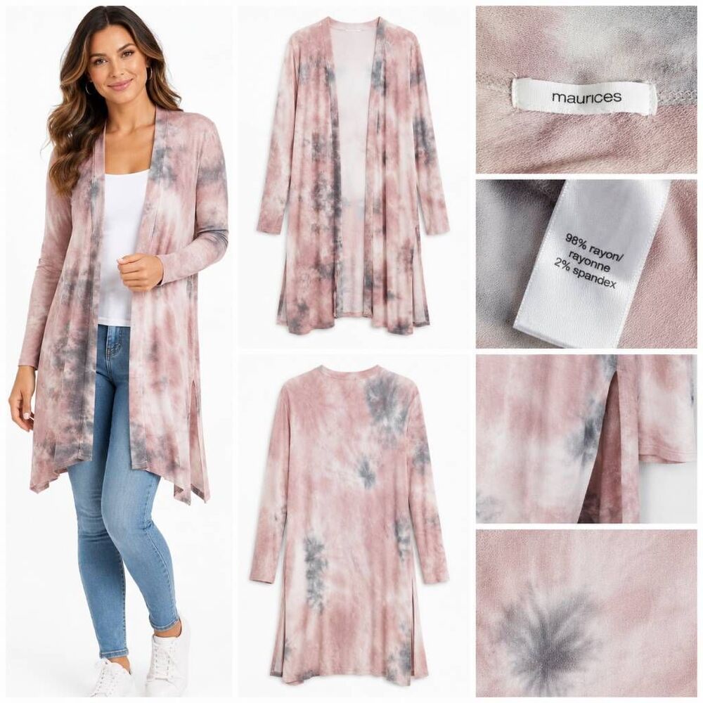 Maurices Pink Gray Tie Dye Long Drape Cardigan Open Front Lightweight L